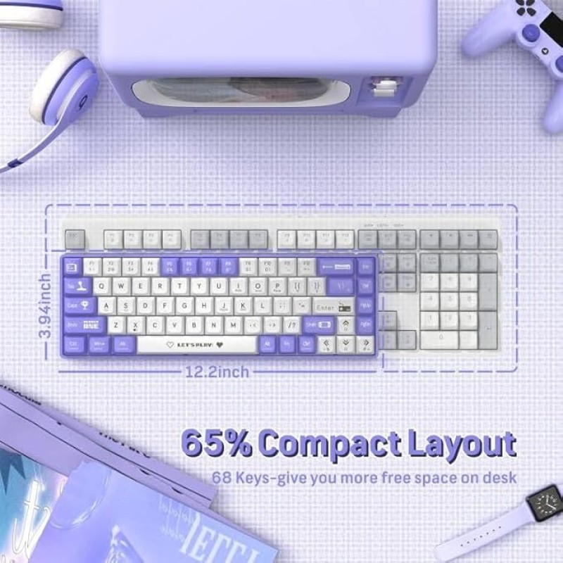 Ajazz AK680 65% Wired Hotswap Mechanical Gaming Keyboard, 68 Keys Portable Anti-Ghosting, Rainbow Lighting Programmable, EVA Sandwich, Ergonomic, Sleeve Brown Switch For MAC/Win Purple