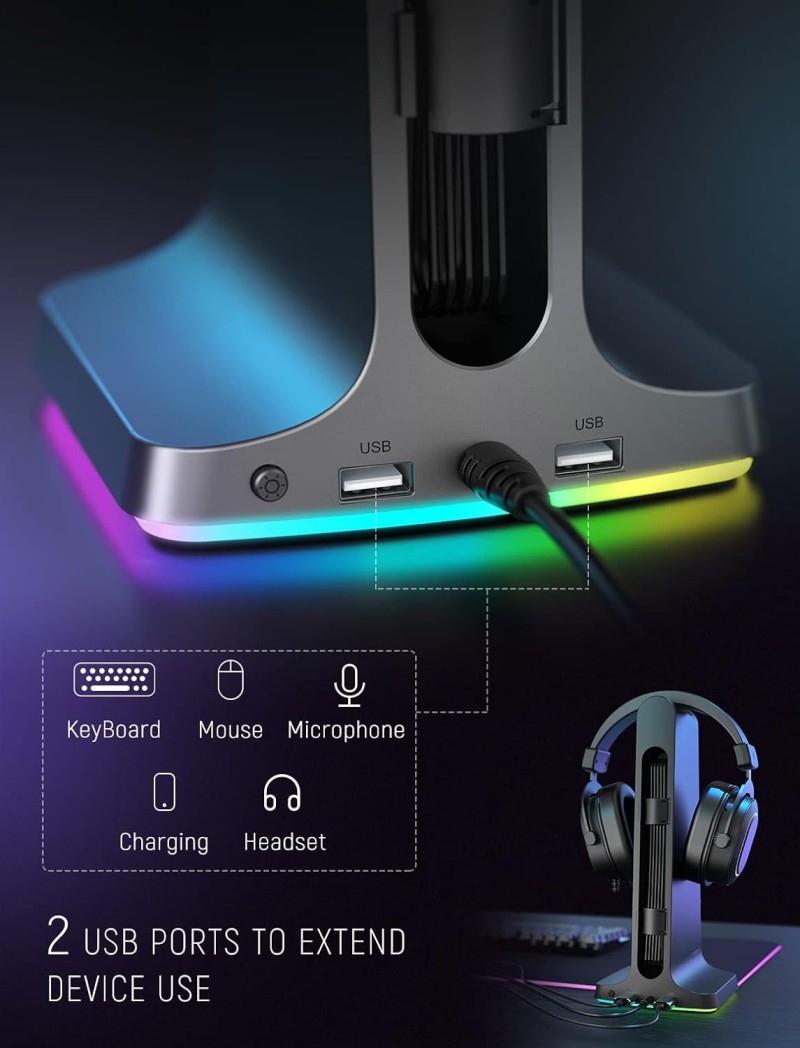 FIFINE Gaming Headset Stand-RGB Headphones Stand Holder PC Computer Desktop Accessories With 2 USB Ports For Gamer, With Solid Base, Sound Light Sync, Light Control Keys-AmpliGame S3