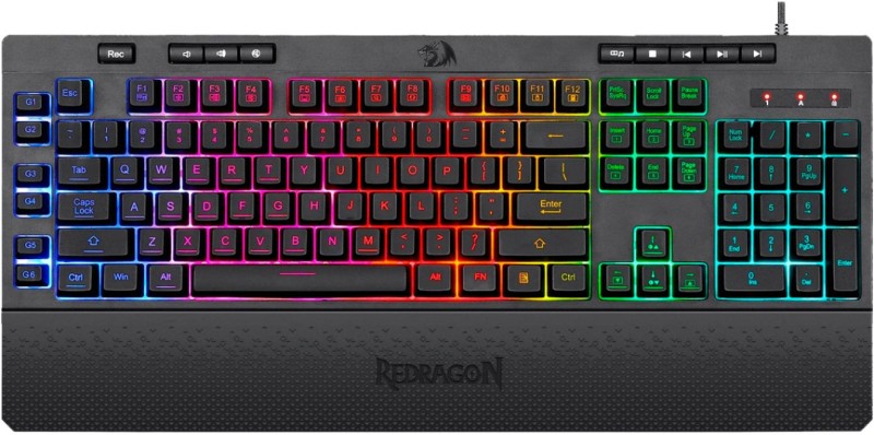 Redragon K512 SHIVA RGB Membrane Gaming Keyboard With Multimedia Keys, 6 Extra On-Board Macro Keys, Dedicated Media Control, Detachable Wrist Rest