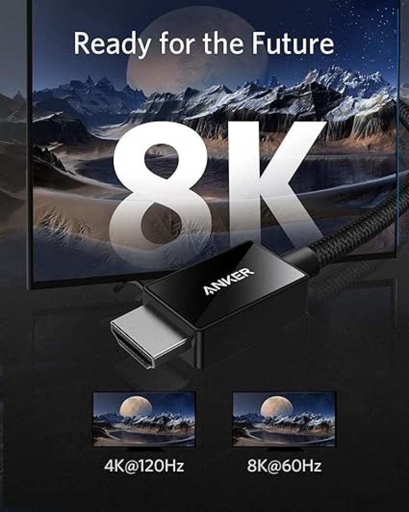 Anker 8K@60Hz HDMI Cable, Ultra High Speed 4K@120Hz 48Gbps 6.6 Ft Ultra HD HDMI To HDMI Cord