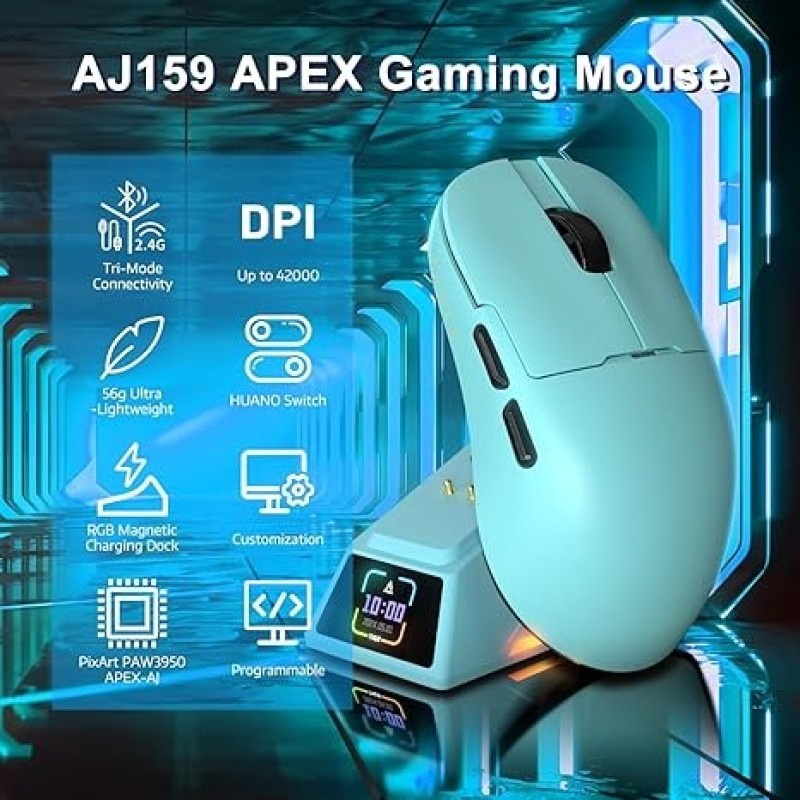 AJAZZ AJ159 APEX Wireless Gaming Mouse With Magnetic Charging Base, 42K DPI, 8K Polling Rate, And Programmable Buttons(Blue)