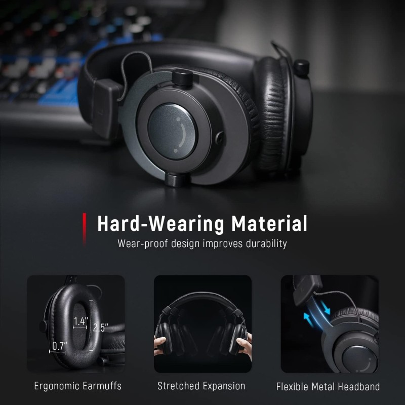 FIFINE Studio Monitor Headphones For Recording-Over Ear Wired Headphones For Podcast Monitoring, Streaming Comfortable Equipment With Detachable Cables 3.5mm Or 6.35mm Jack, Black, On PC/Mixer-H8