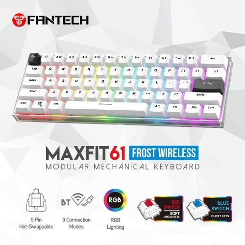 MAXFIT 61 MK857 Frost Wireless Modular Mechanical Keyboard – White (Blue Switch)