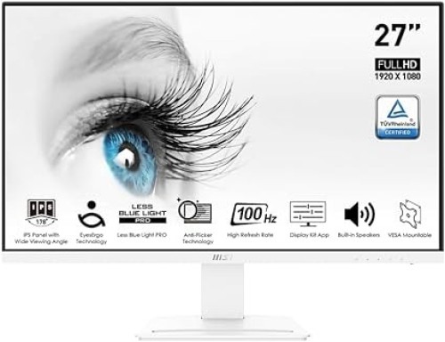 MSI Pro MP273AW, 27" Monitor, 1920 X 1080 (FHD), IPS, 100Hz, TUV Certified Eyesight Protection, 4ms, Displayport, HDMI, Tilt, Whit