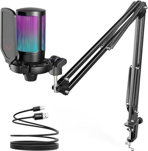 FIFINE Gaming PC USB Microphone, Podcast Condenser Mic With Boom Arm, Pop Filter, Mute Button For Streaming, Twitch, Online Chat, RGB Computer Mic For PS4/5 PC Gamer Youtuber-AmpliGame A6T